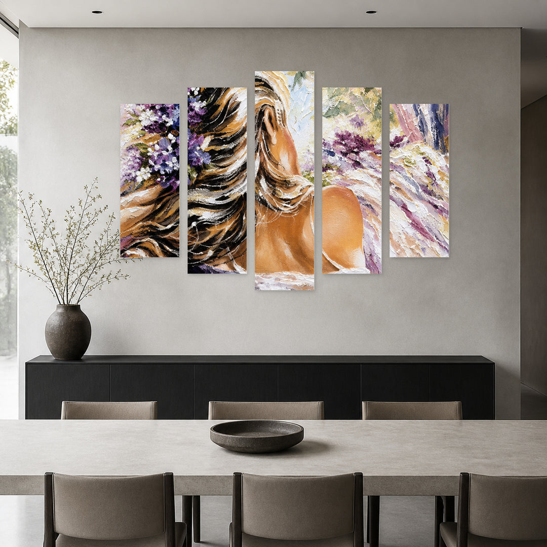 Girl with Flowers in Her Hair Botanical Study — five-panel wall art in frontal interior | 5wallart 57764 M3