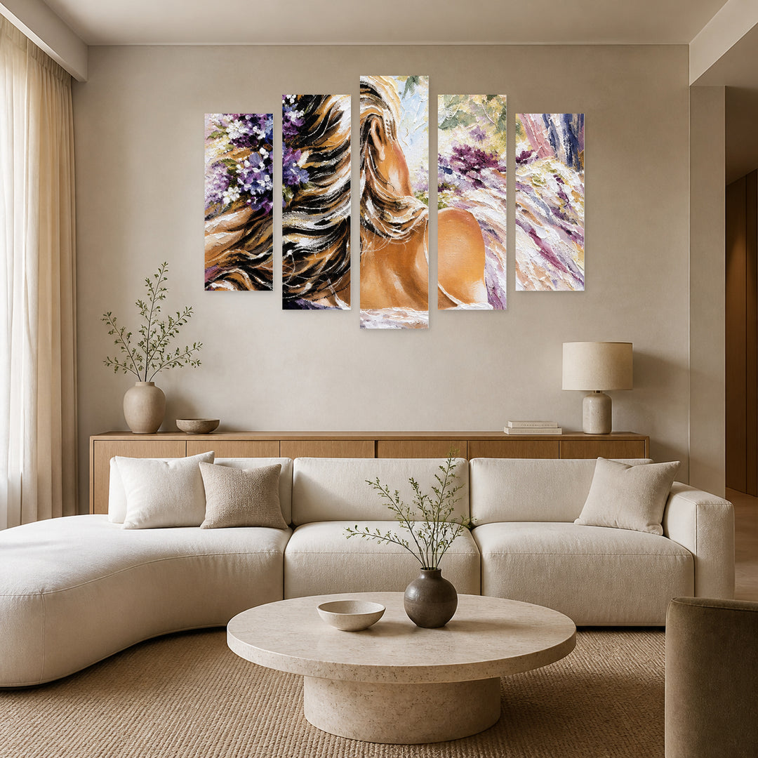 Girl with Flowers in Her Hair Botanical Study — five-panel wall art in alternate frontal interior | 5wallart 57764 M4