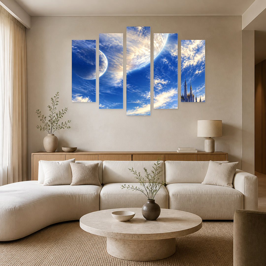Fantastic World in Blue and Gold — five-panel wall art in frontal interior | 5wallart 57765 M3