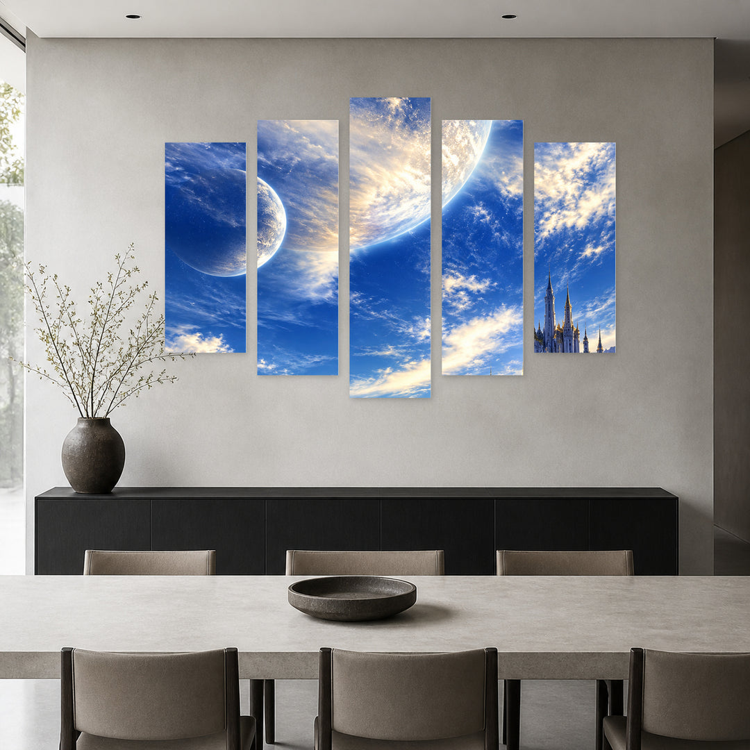 Fantastic World in Blue and Gold — five-panel wall art in alternate frontal interior | 5wallart 57765 M4
