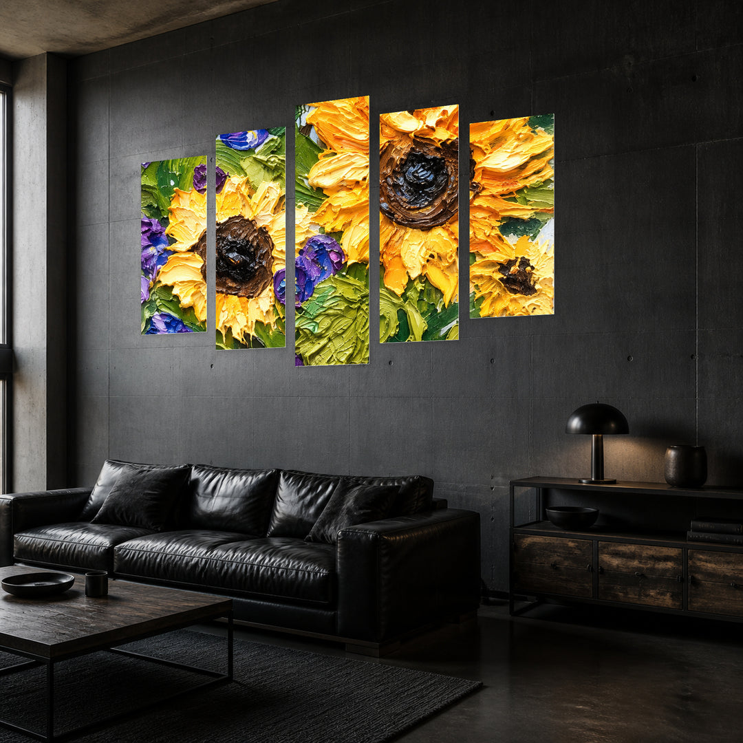Bouquet of Sunflowers in Vivid Color — five-panel wall art in perspective interior | 5wallart 57766 M2