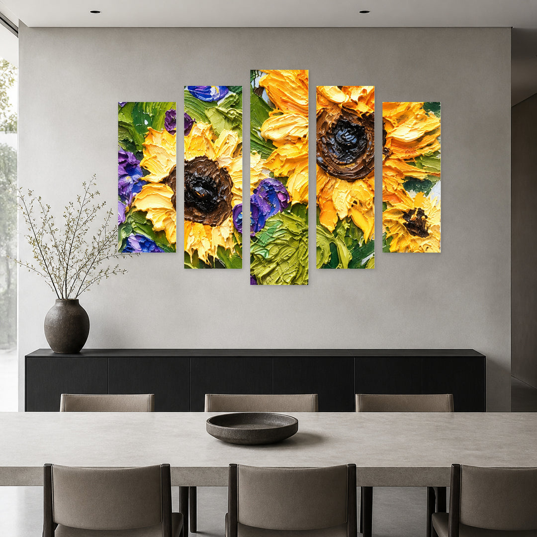 Bouquet of Sunflowers in Vivid Color — five-panel wall art in frontal interior | 5wallart 57766 M3