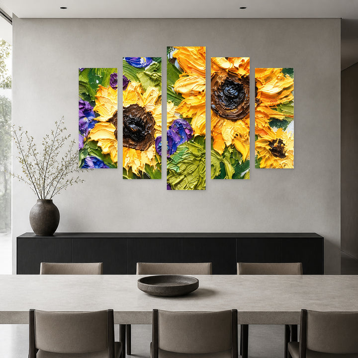 Bouquet of Sunflowers in Vivid Color — five-panel wall art in frontal interior | 5wallart 57766 M3