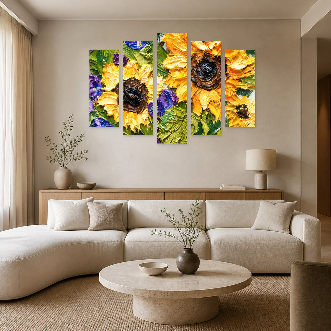 Bouquet of Sunflowers in Vivid Color — five-panel wall art in alternate frontal interior | 5wallart 57766 M4