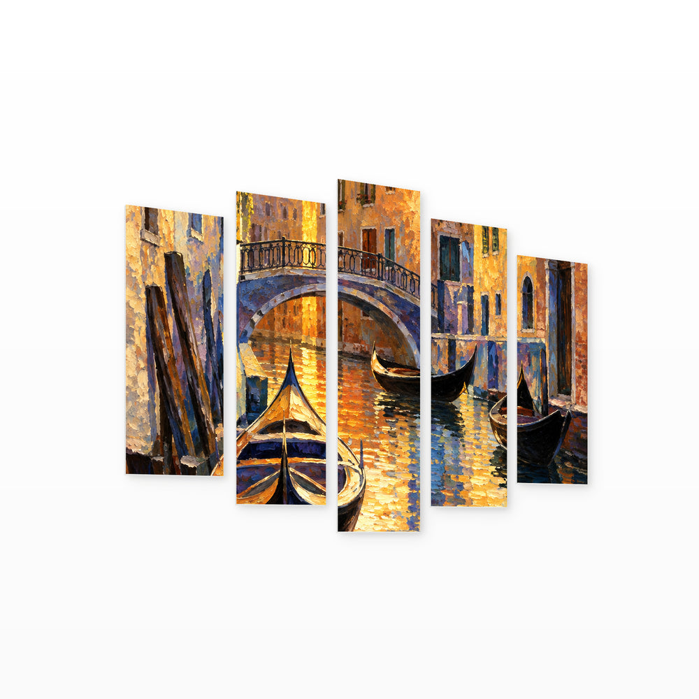 Venetian Canal at Golden Sunset — five-panel wall art on white background in perspective | 5wallart 57767 M1