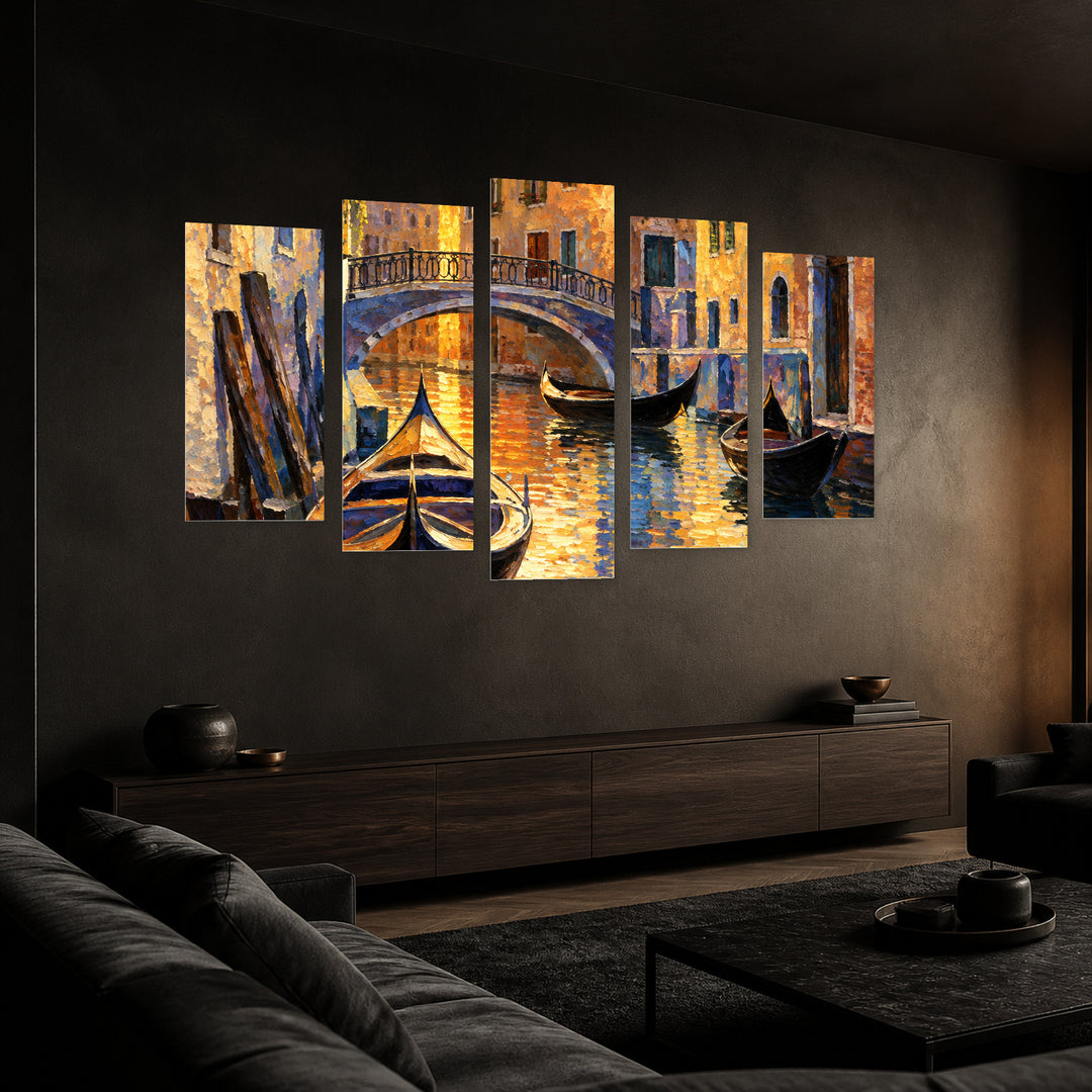 Venetian Canal at Golden Sunset — five-panel wall art in perspective interior | 5wallart 57767 M2