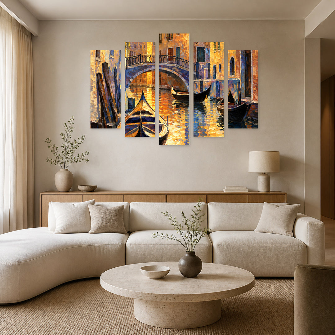 Venetian Canal at Golden Sunset — five-panel wall art in frontal interior | 5wallart 57767 M3
