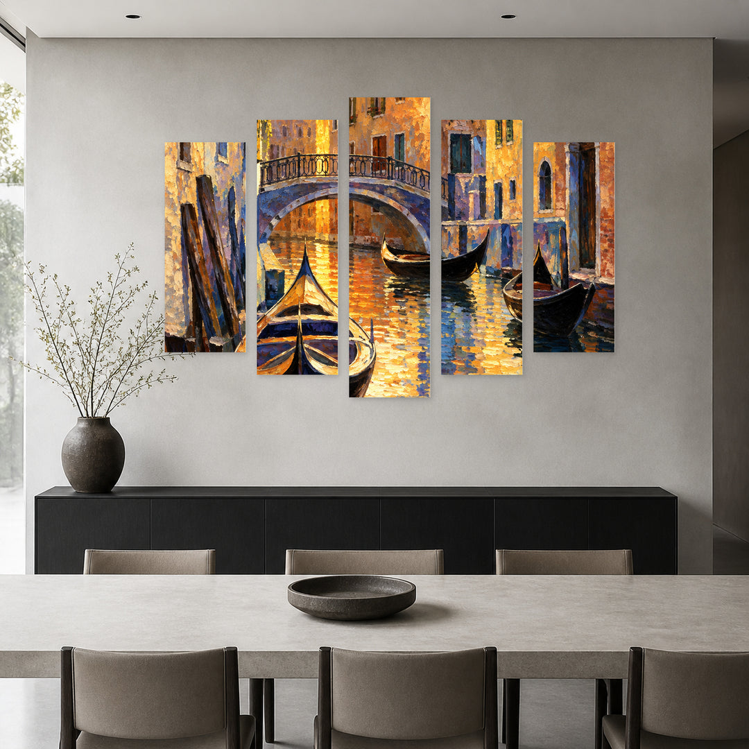 Venetian Canal at Golden Sunset — five-panel wall art in alternate frontal interior | 5wallart 57767 M4