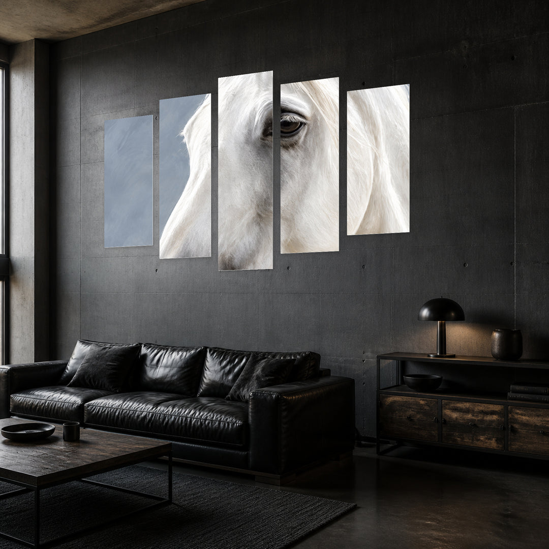 Portrait of a White Horse in Serene Light — five-panel wall art in perspective interior | 5wallart 57768 M2