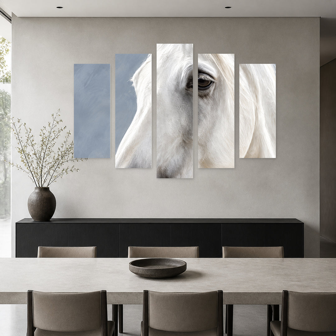 Portrait of a White Horse in Serene Light — five-panel wall art in frontal interior | 5wallart 57768 M3