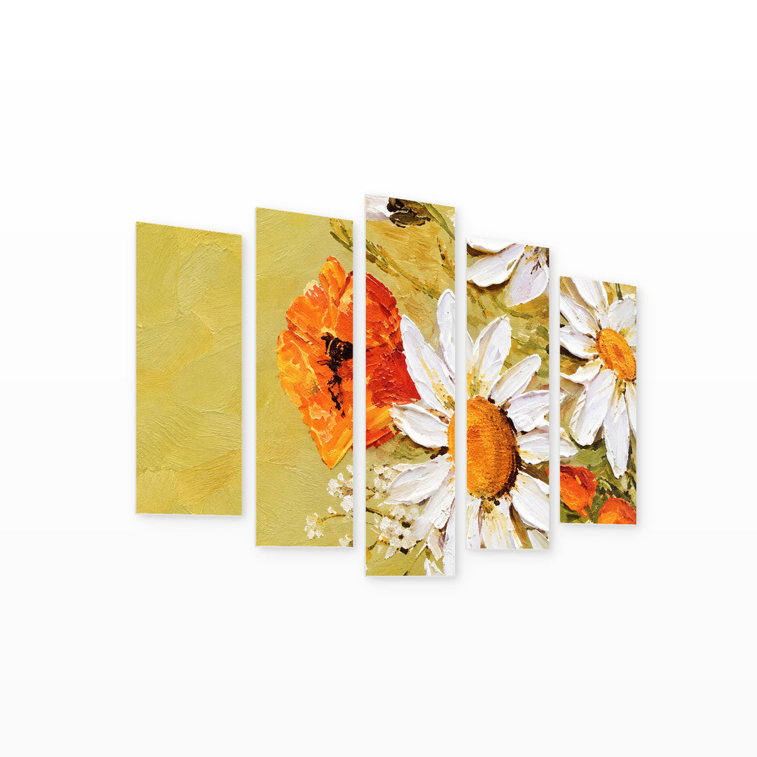 Bouquet of Daisies with Geometric Rhythm — five-panel wall art on white background in perspective | 5wallart 57769 M1