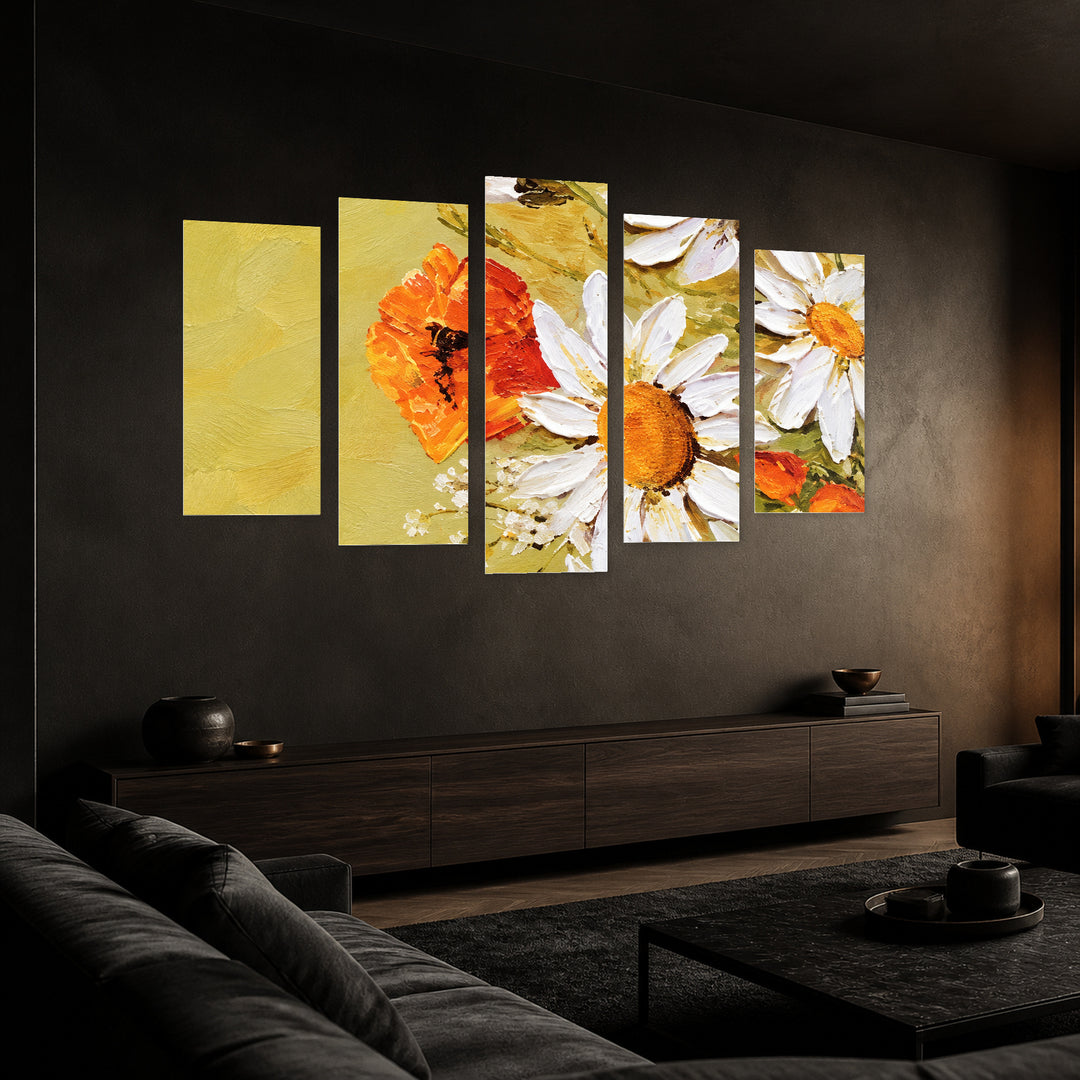Bouquet of Daisies with Geometric Rhythm — five-panel wall art in perspective interior | 5wallart 57769 M2