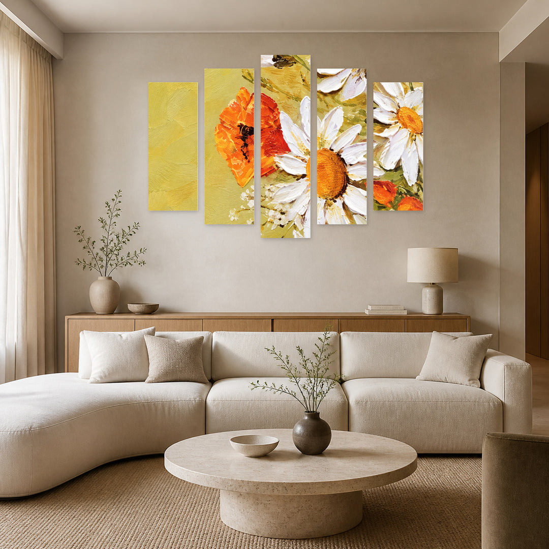 Bouquet of Daisies with Geometric Rhythm — five-panel wall art in frontal interior | 5wallart 57769 M3