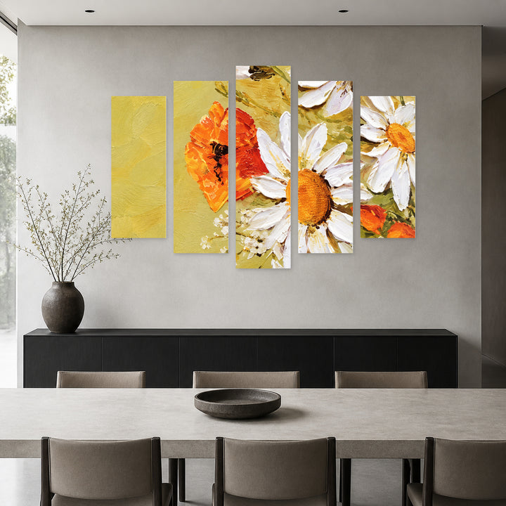 Bouquet of Daisies with Geometric Rhythm — five-panel wall art in alternate frontal interior | 5wallart 57769 M4
