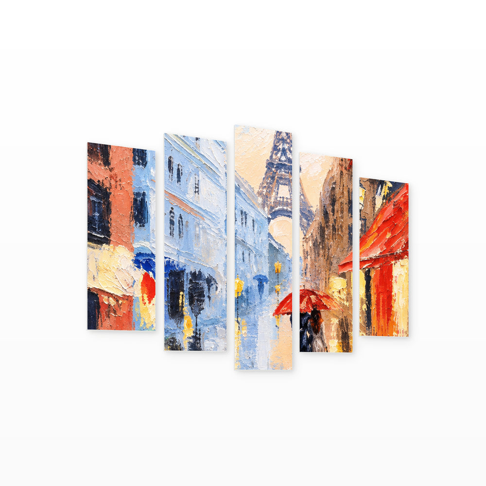 Rainy Day in Paris in Blue and Gold — five-panel wall art on white background in perspective | 5wallart 57771 M1
