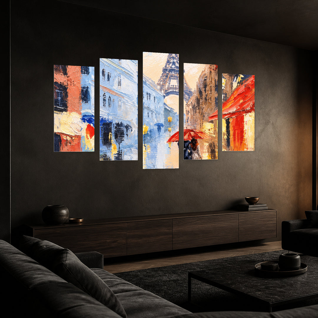 Rainy Day in Paris in Blue and Gold — five-panel wall art in perspective interior | 5wallart 57771 M2