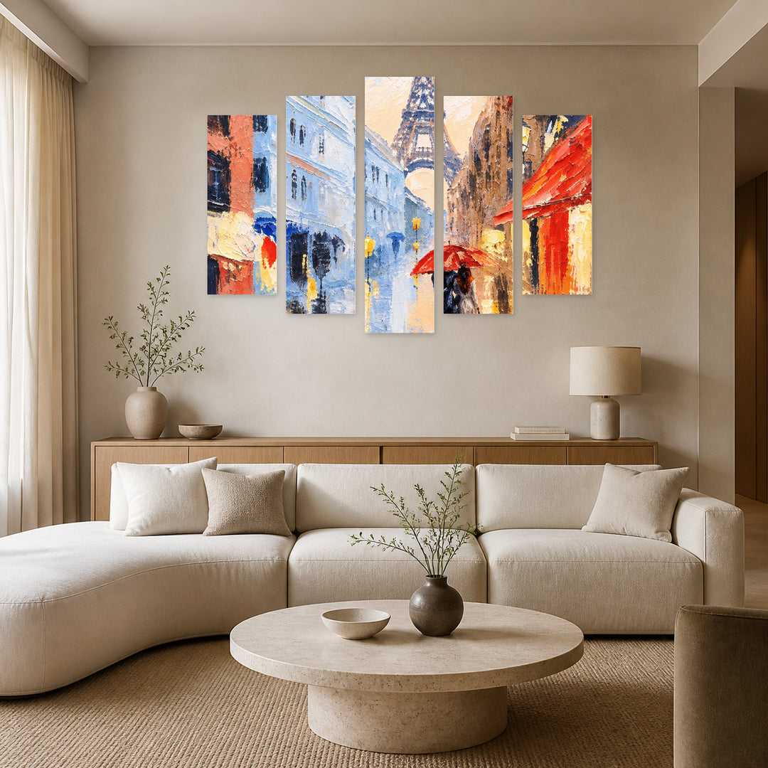 Rainy Day in Paris in Blue and Gold — five-panel wall art in frontal interior | 5wallart 57771 M3