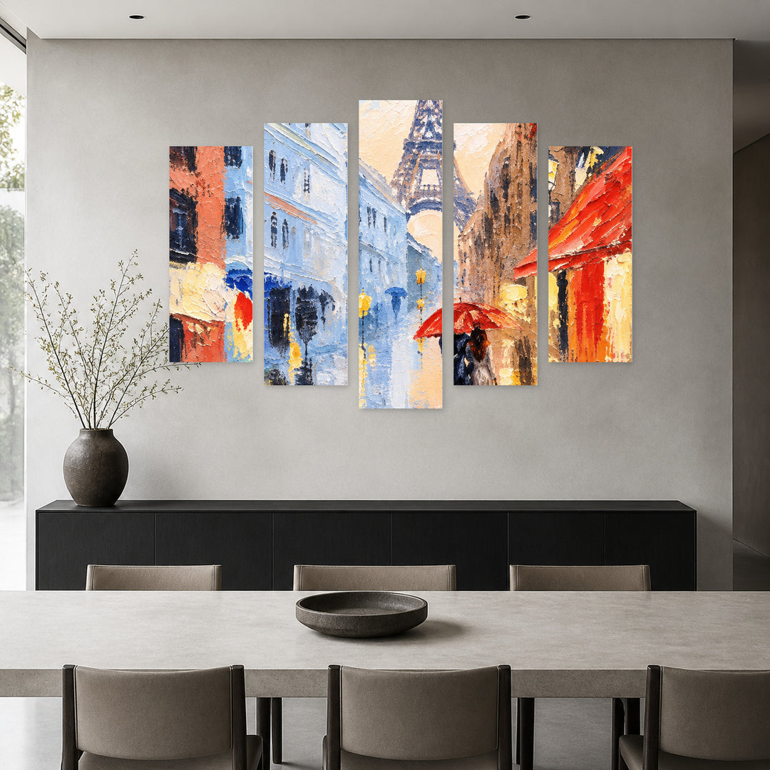 Rainy Day in Paris in Blue and Gold — five-panel wall art in alternate frontal interior | 5wallart 57771 M4