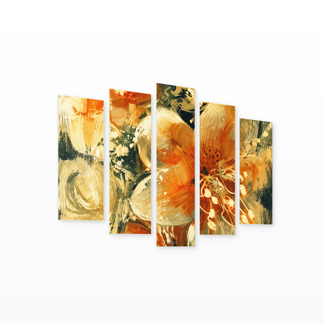 Orange Lilies in Vivid Color — five-panel wall art on white background in perspective | 5wallart 57772 M1