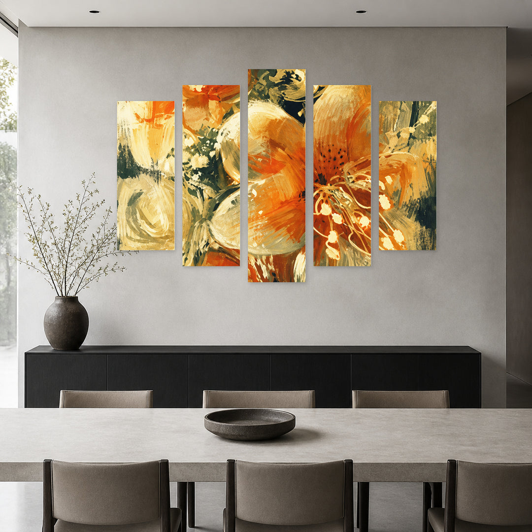 Orange Lilies in Vivid Color — five-panel wall art in frontal interior | 5wallart 57772 M3