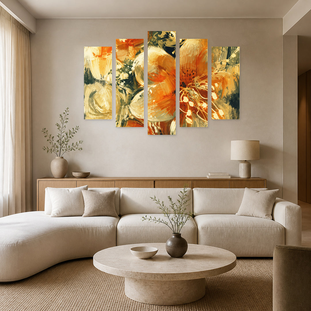Orange Lilies in Vivid Color — five-panel wall art in alternate frontal interior | 5wallart 57772 M4