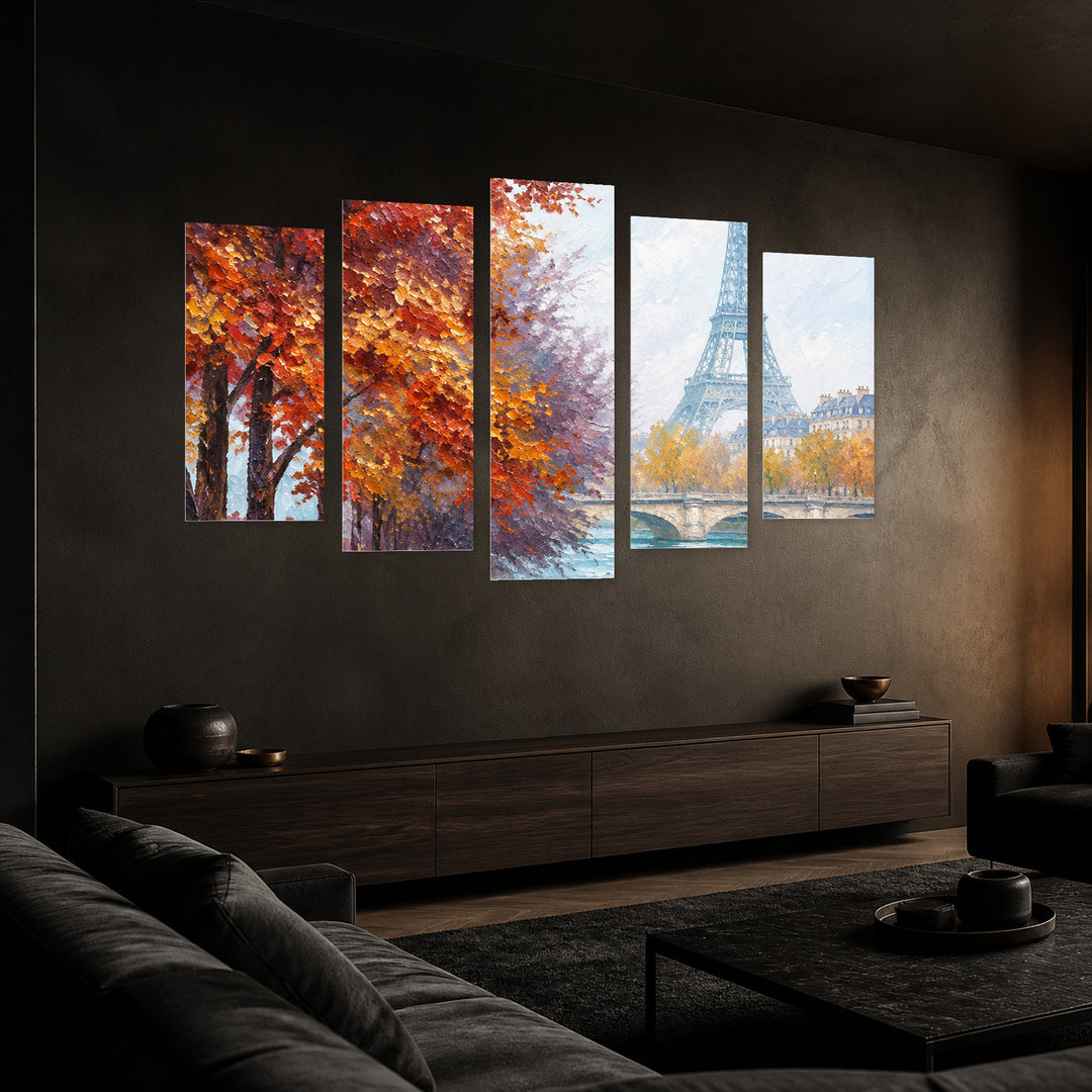Autumn in Paris in Serene Light — five-panel wall art in perspective interior | 5wallart 57773 M2