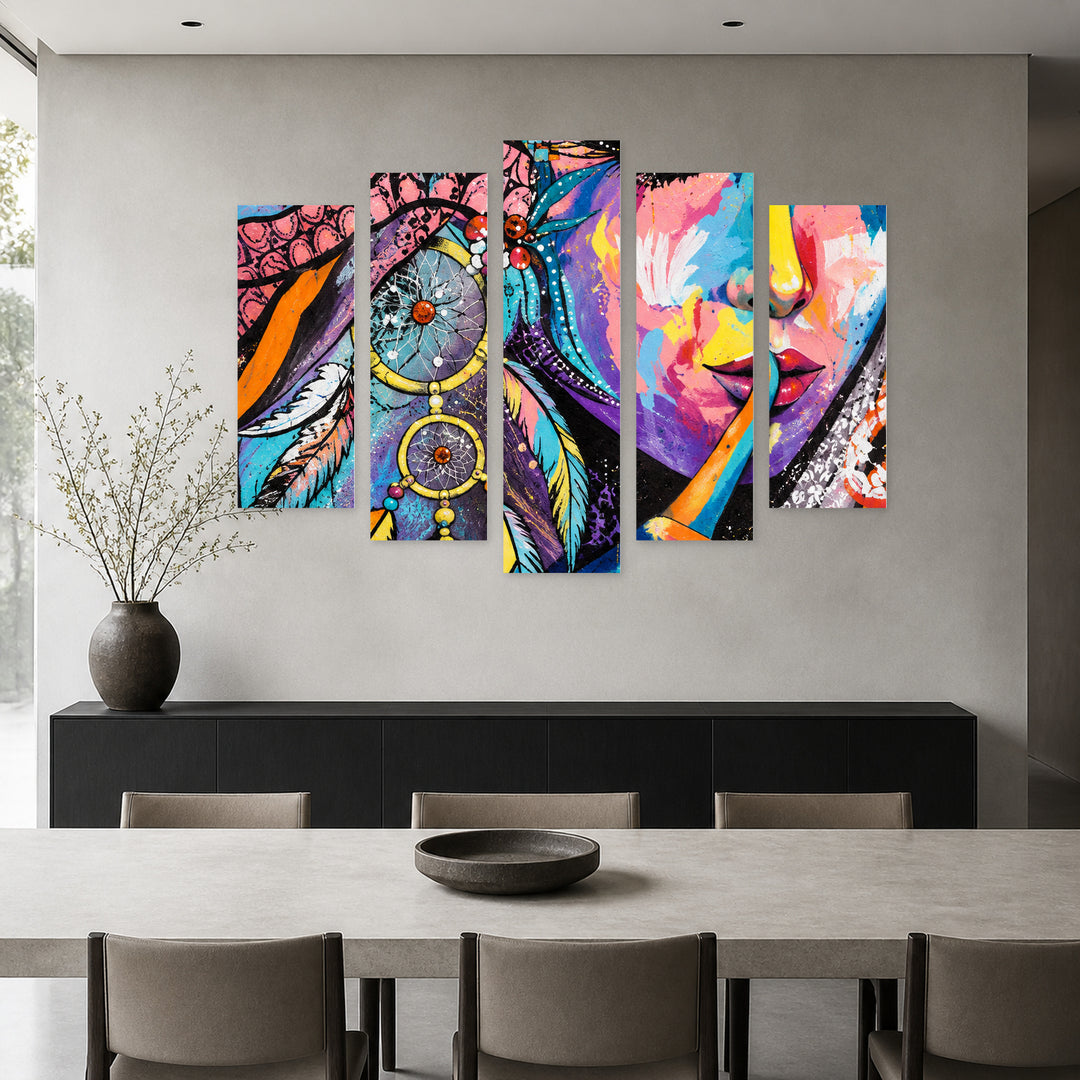 Woman of Your Dreams with Dreamlike Atmosphere — five-panel wall art in frontal interior | 5wallart 57774 M3