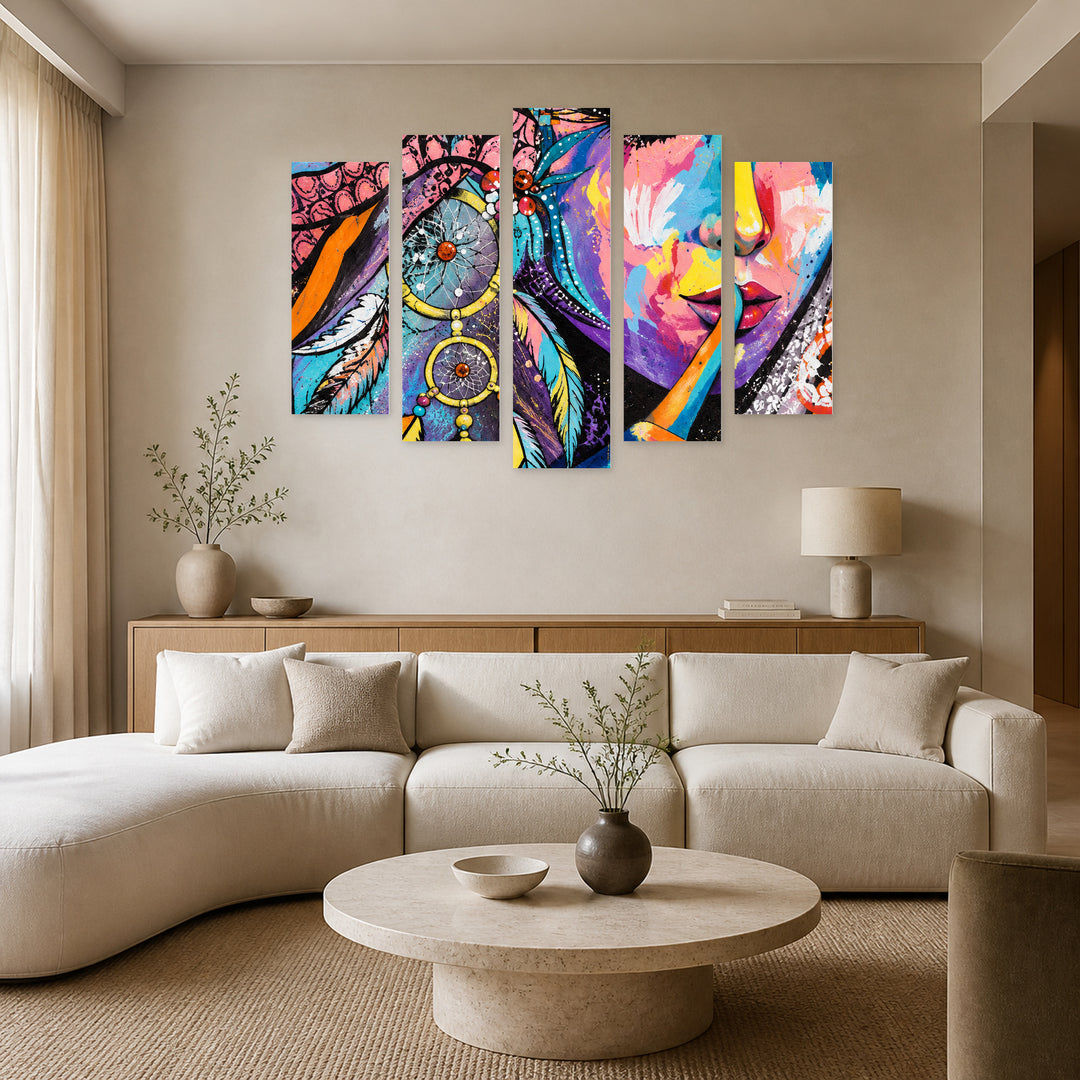 Woman of Your Dreams with Dreamlike Atmosphere — five-panel wall art in alternate frontal interior | 5wallart 57774 M4