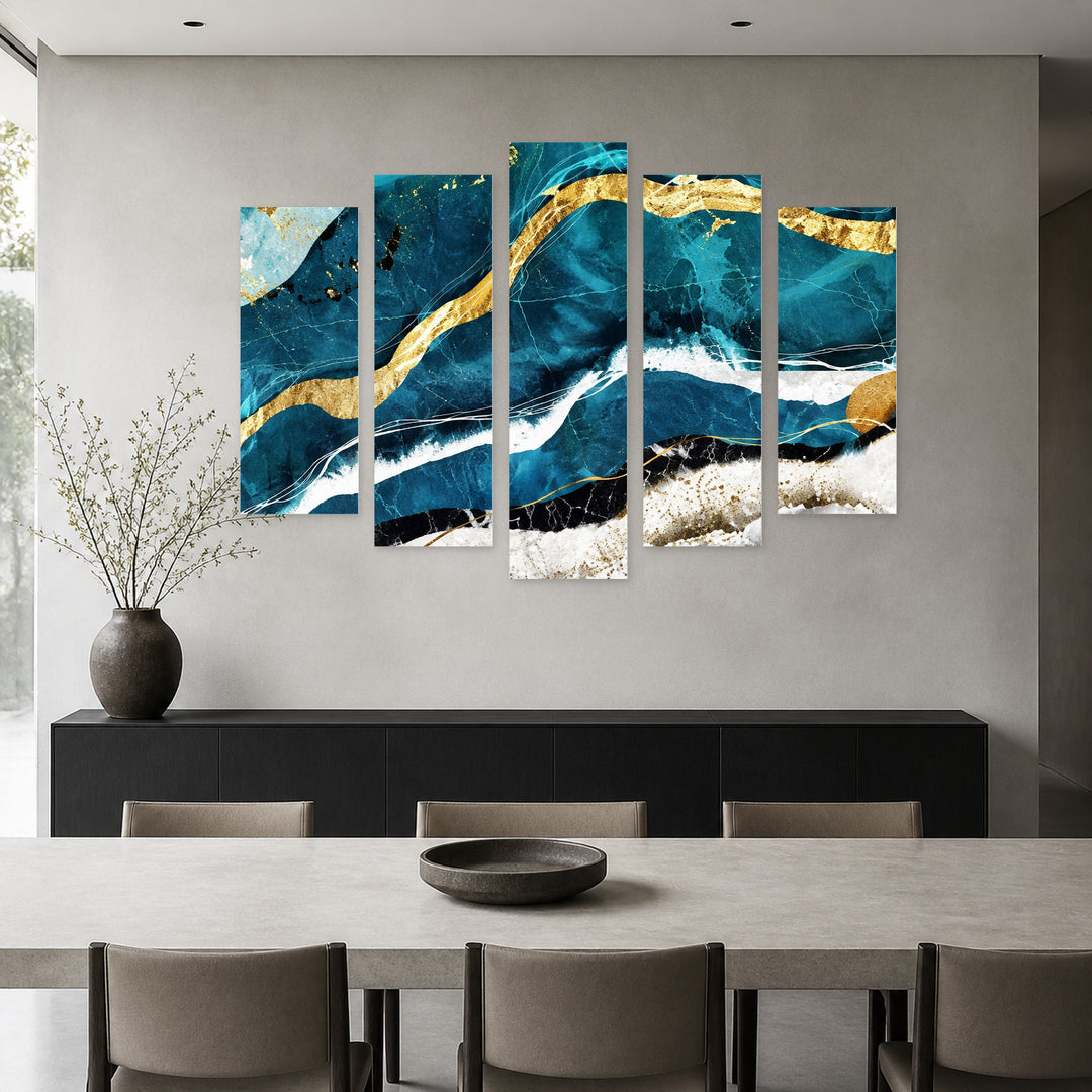 Golden Wave with Geometric Rhythm — five-panel wall art in frontal interior | 5wallart 57776 M3