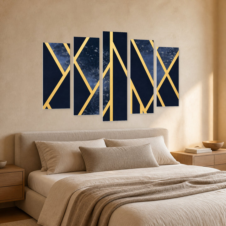 Geometric Design with Dramatic Contrast — five-panel wall art in perspective interior | 5wallart 57777 M2