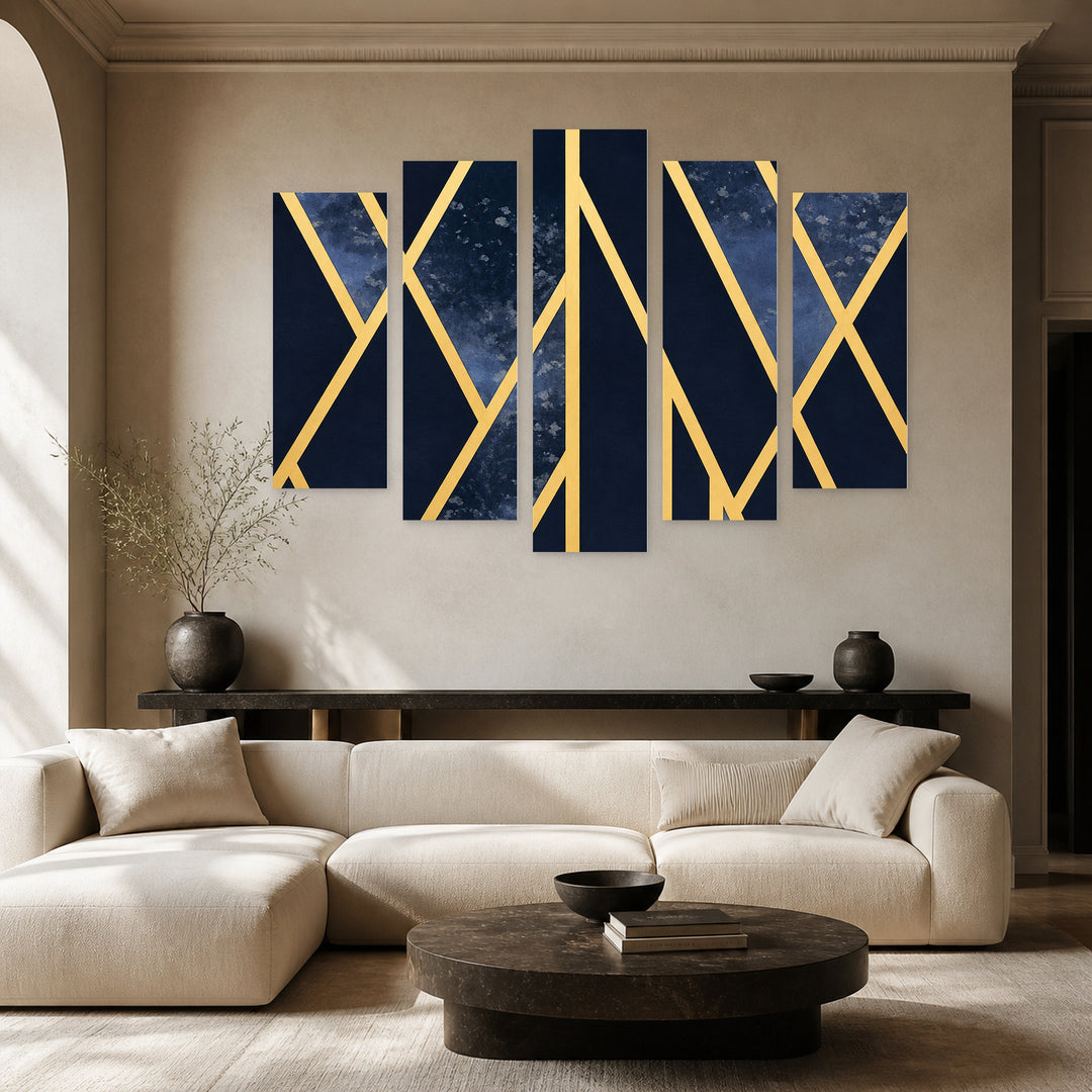 Geometric Design with Dramatic Contrast — five-panel wall art in frontal interior | 5wallart 57777 M3