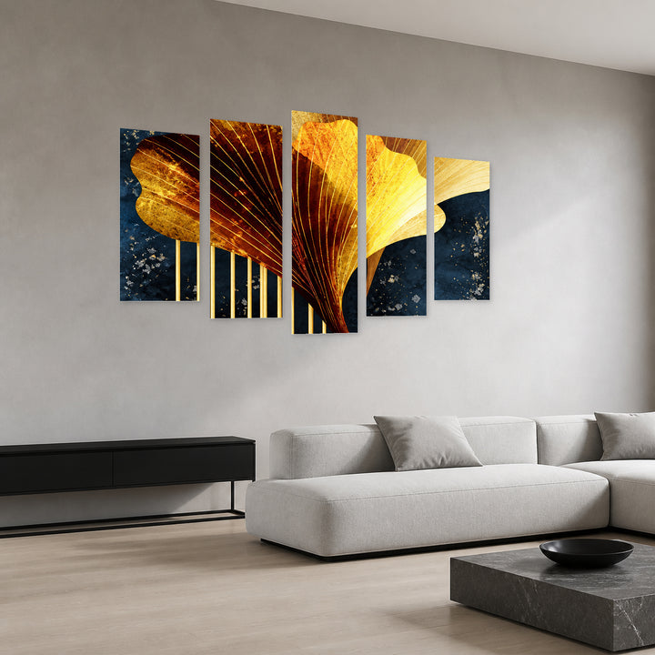 Ginkgo Biloba Herb in Vivid Color — five-panel wall art in perspective interior | 5wallart 57778 M2