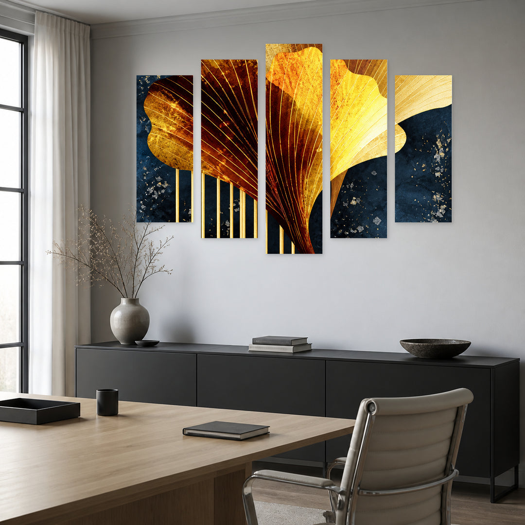 Ginkgo Biloba Herb in Vivid Color — five-panel wall art in frontal interior | 5wallart 57778 M3