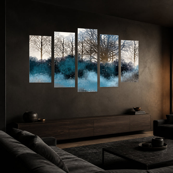 Daydream in Blue and Gold — five-panel wall art in perspective interior | 5wallart 57779 M2