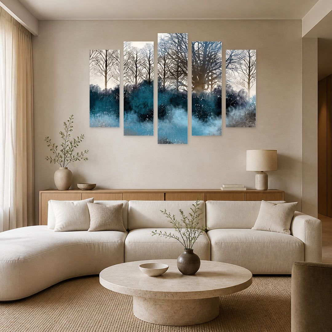 Daydream in Blue and Gold — five-panel wall art in frontal interior | 5wallart 57779 M3