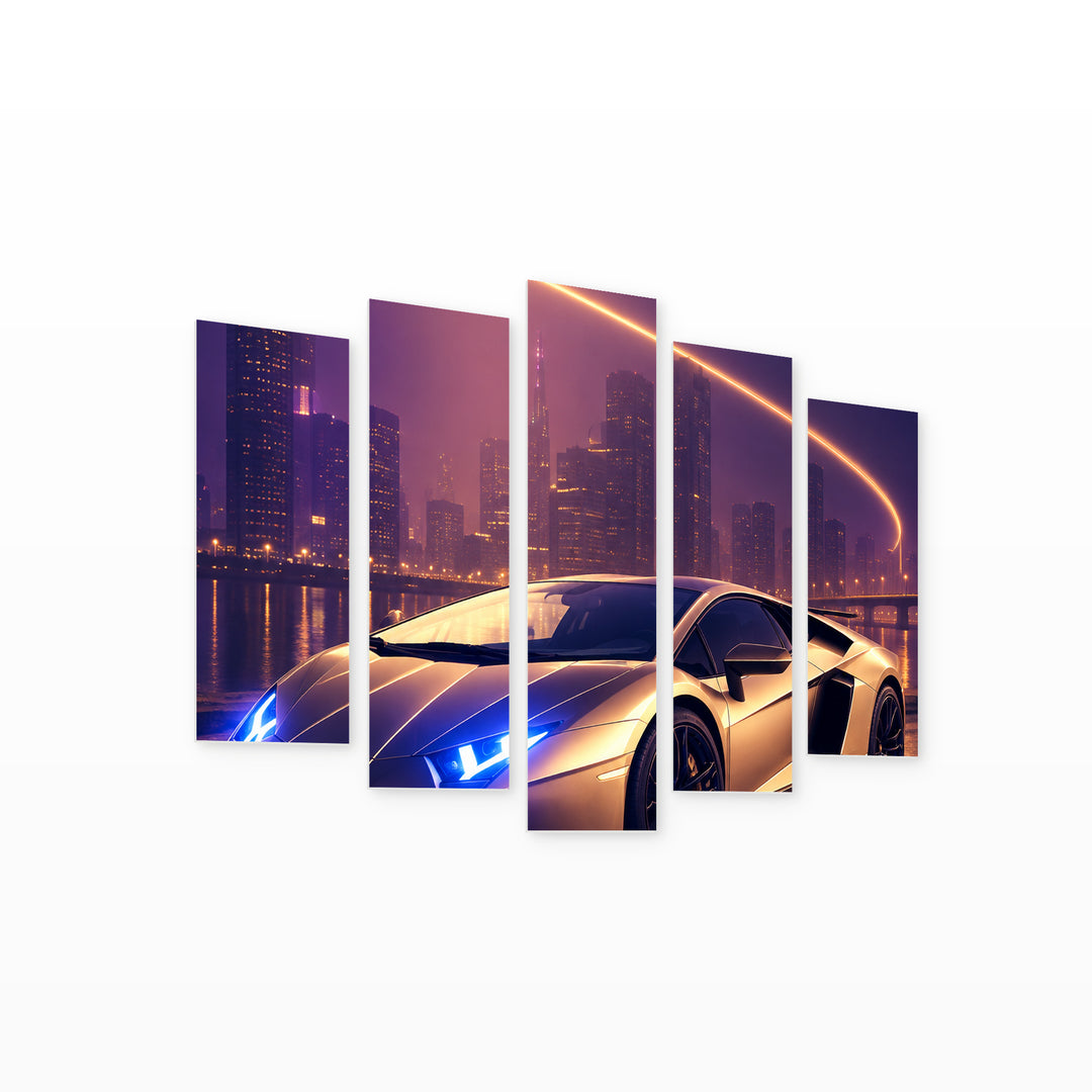 Young Night in Blue and Gold — five-panel wall art on white background in perspective | 5wallart 57780 M1