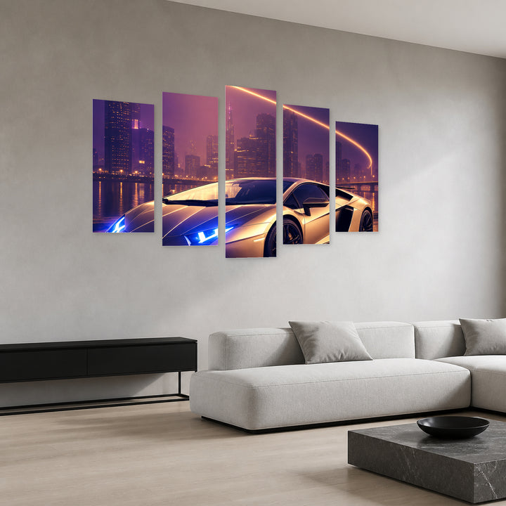 Young Night in Blue and Gold — five-panel wall art in perspective interior | 5wallart 57780 M2
