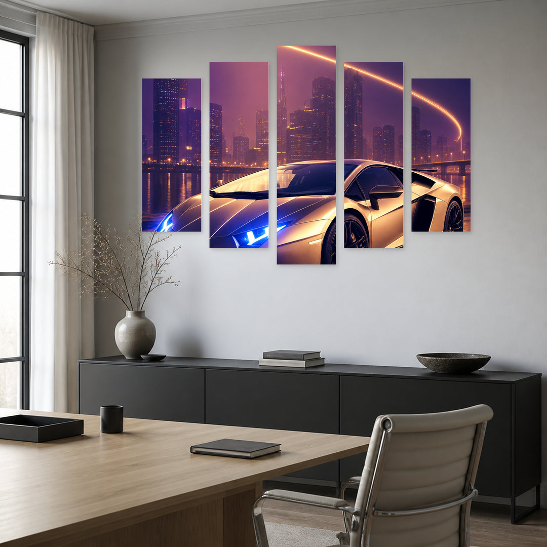 Young Night in Blue and Gold — five-panel wall art in frontal interior | 5wallart 57780 M3
