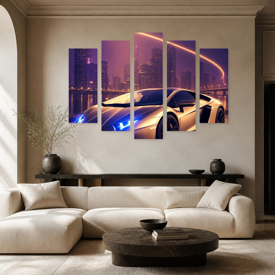 Young Night in Blue and Gold — five-panel wall art in alternate frontal interior | 5wallart 57780 M4
