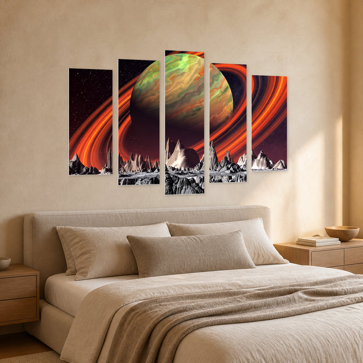 Unknown Universe with Geometric Rhythm — five-panel wall art in perspective interior | 5wallart 57781 M2