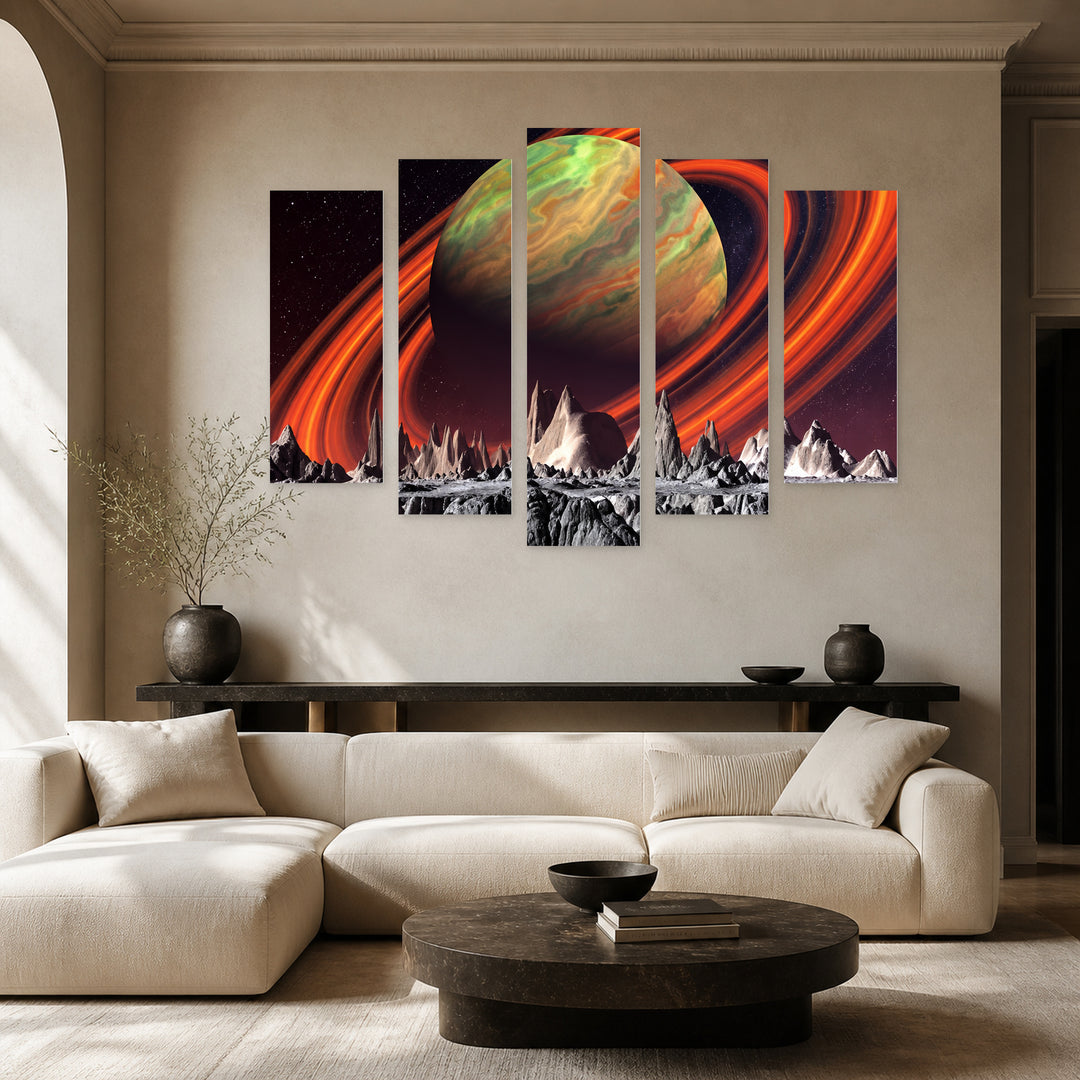 Unknown Universe with Geometric Rhythm — five-panel wall art in frontal interior | 5wallart 57781 M3