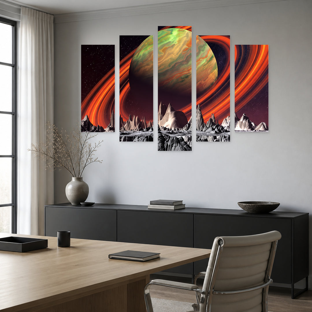 Unknown Universe with Geometric Rhythm — five-panel wall art in alternate frontal interior | 5wallart 57781 M4