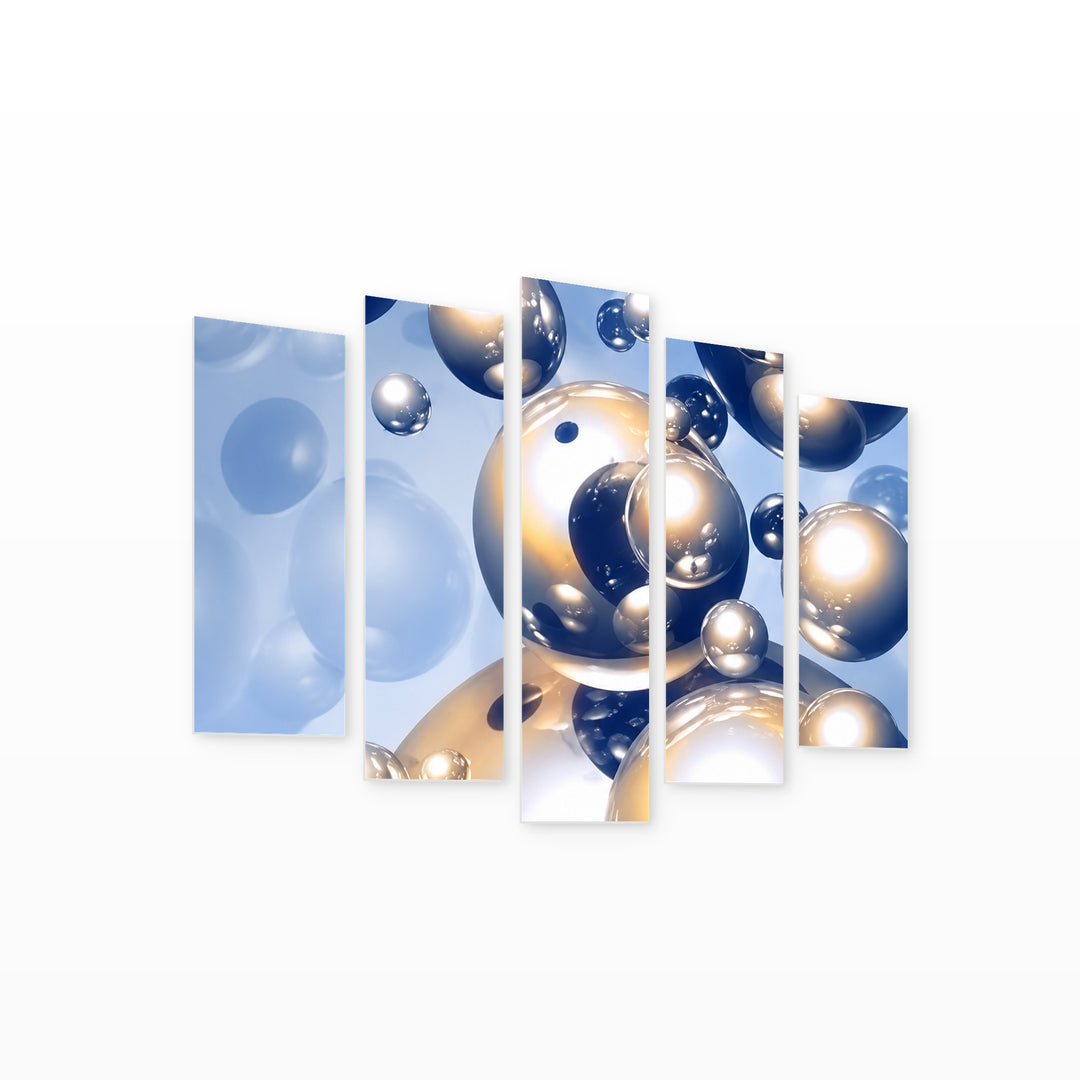 Spherical Art in Blue and Gold — five-panel wall art on white background in perspective | 5wallart 57782 M1