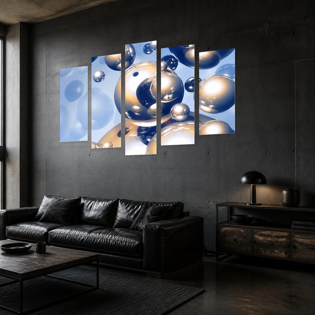Spherical Art in Blue and Gold — five-panel wall art in perspective interior | 5wallart 57782 M2
