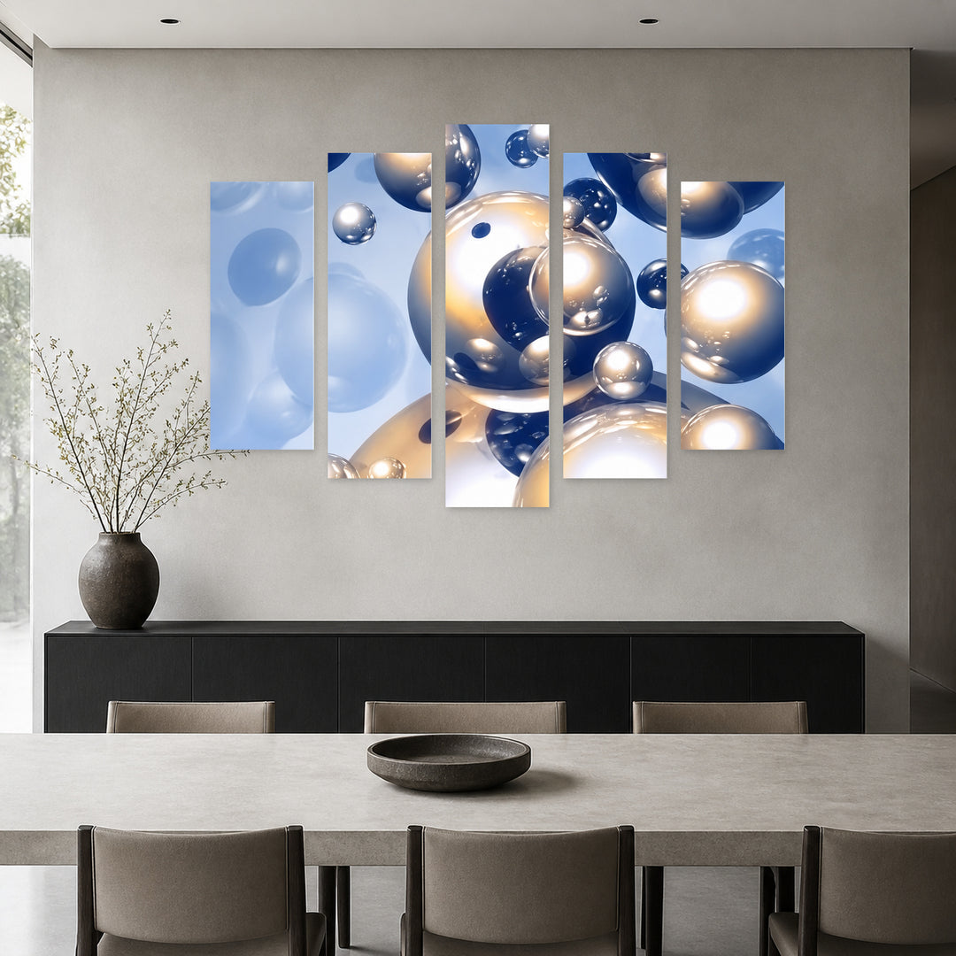 Spherical Art in Blue and Gold — five-panel wall art in frontal interior | 5wallart 57782 M3