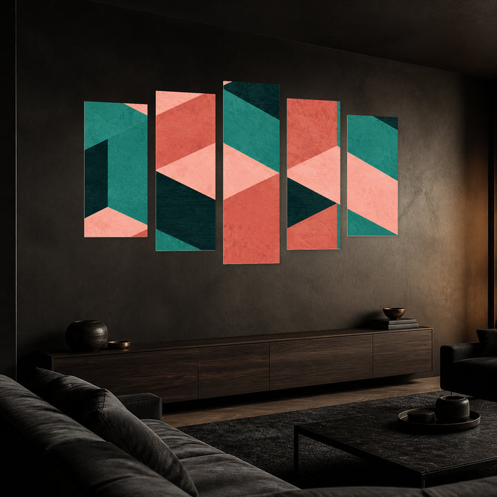 Tetris with Geometric Rhythm — five-panel wall art in perspective interior | 5wallart 57783 M2