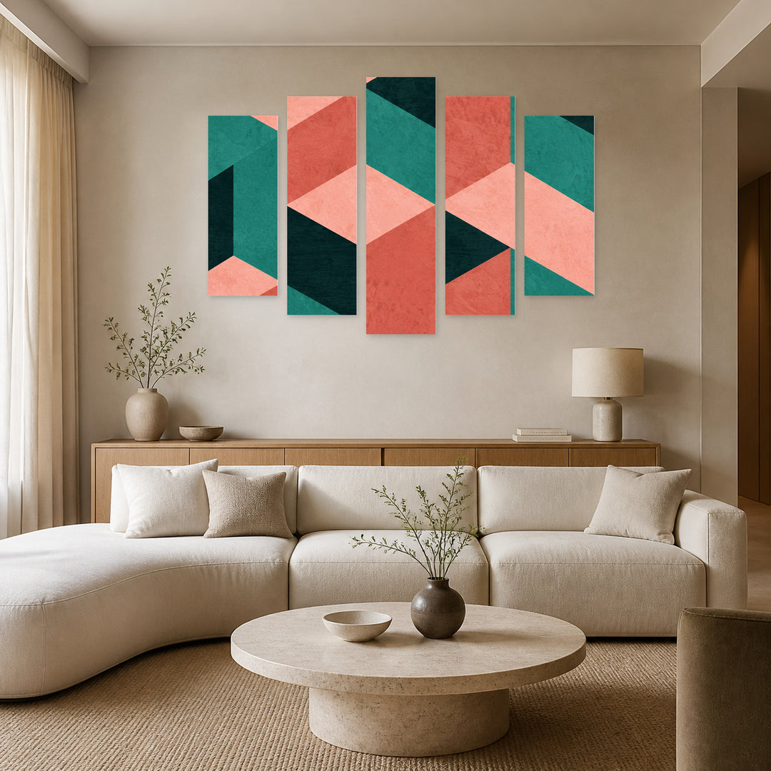 Tetris with Geometric Rhythm — five-panel wall art in frontal interior | 5wallart 57783 M3