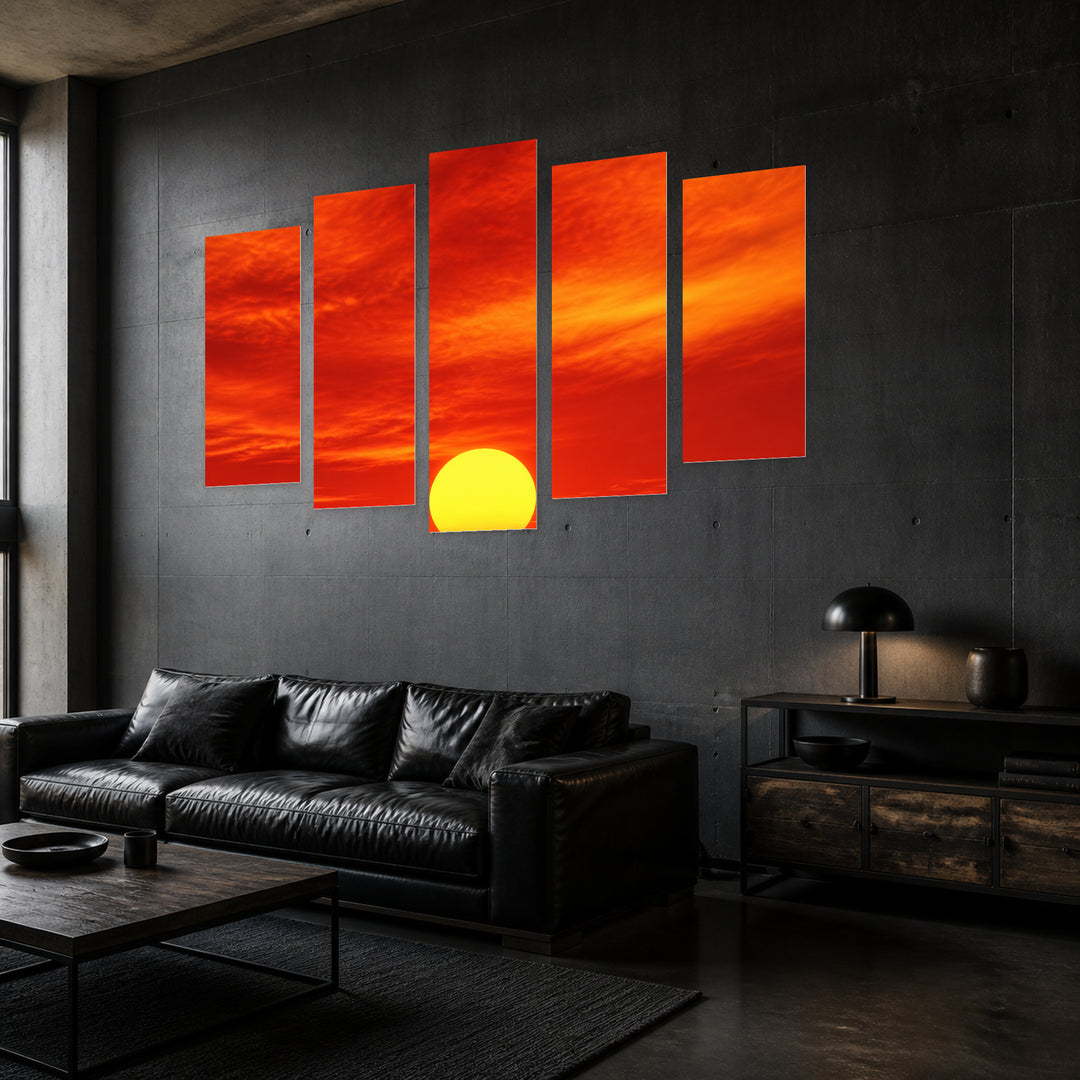 Fiery Sun with Dramatic Contrast — five-panel wall art in perspective interior | 5wallart 57786 M2