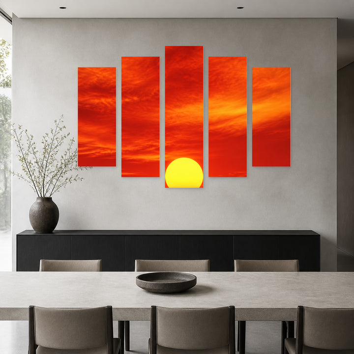 Fiery Sun with Dramatic Contrast — five-panel wall art in frontal interior | 5wallart 57786 M3