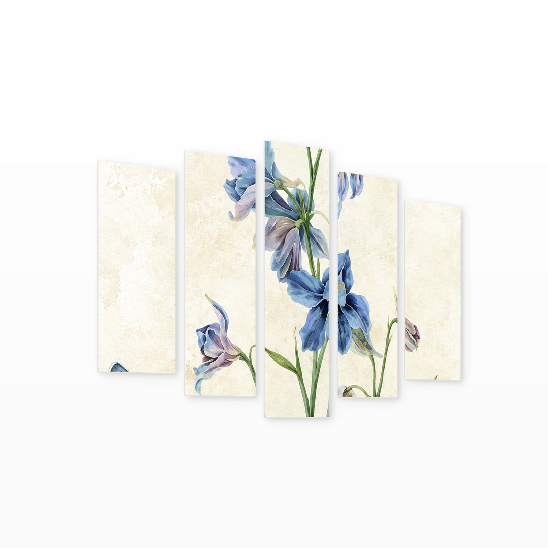 Minimalism of Blue Flowers in Serene Light — five-panel wall art on white background in perspective | 5wallart 57787 M1